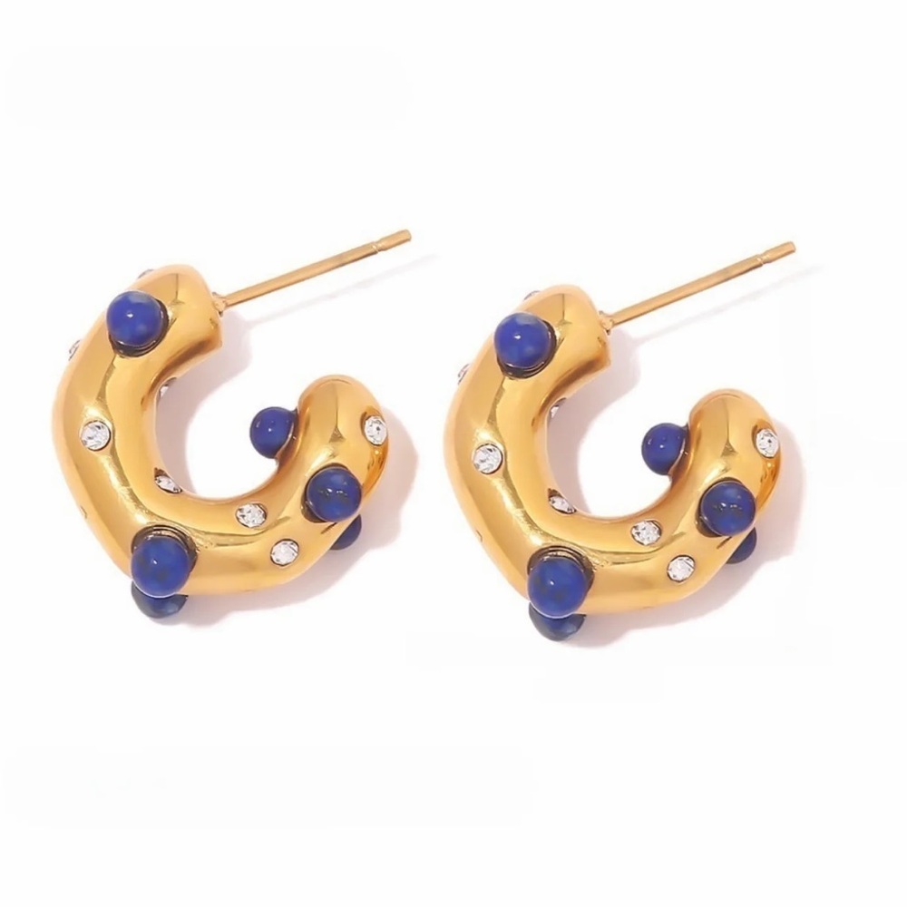 18K Gold Plated Mini Hoop Earrings*Lapis Lazuli Earrings*Mini Chunky Hoops